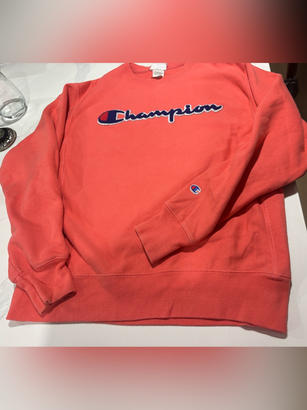 Champion reverse weave orange papaya Crewneck Sweatshirt with Navy Logo